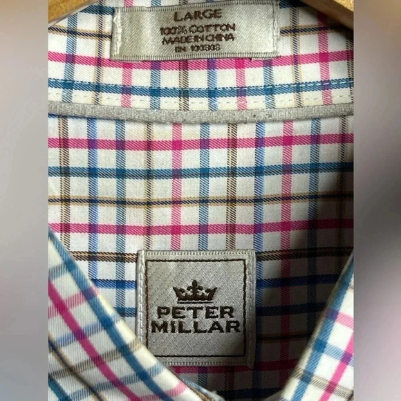Peter Millar Pink, Blue, Brown Plaid Button Down Long Sleeve Shirt Men's Size L - Picture 4 of 5